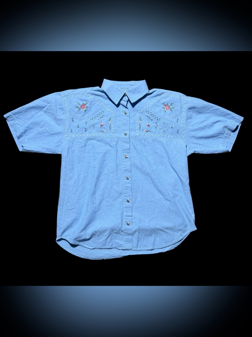 It’s Giving Grannies Fav Blue Embroidered Flower Shirt